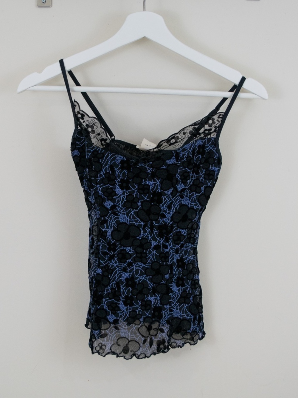 Arianne Sheer Velvet Flocked Bra Lined Cami w/Adjustable Straps Black + Blue S